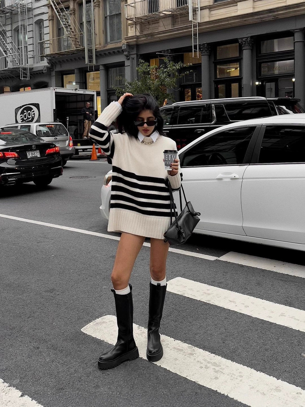 ZARA Relaxed Black White Striped Versatile Pullover Mid Length